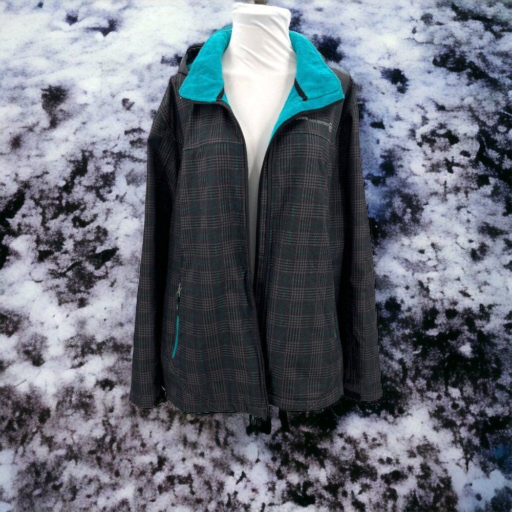 Free Country Jacket with Hood Blue & Black Plaid with Blue Plush Lining Size 3X